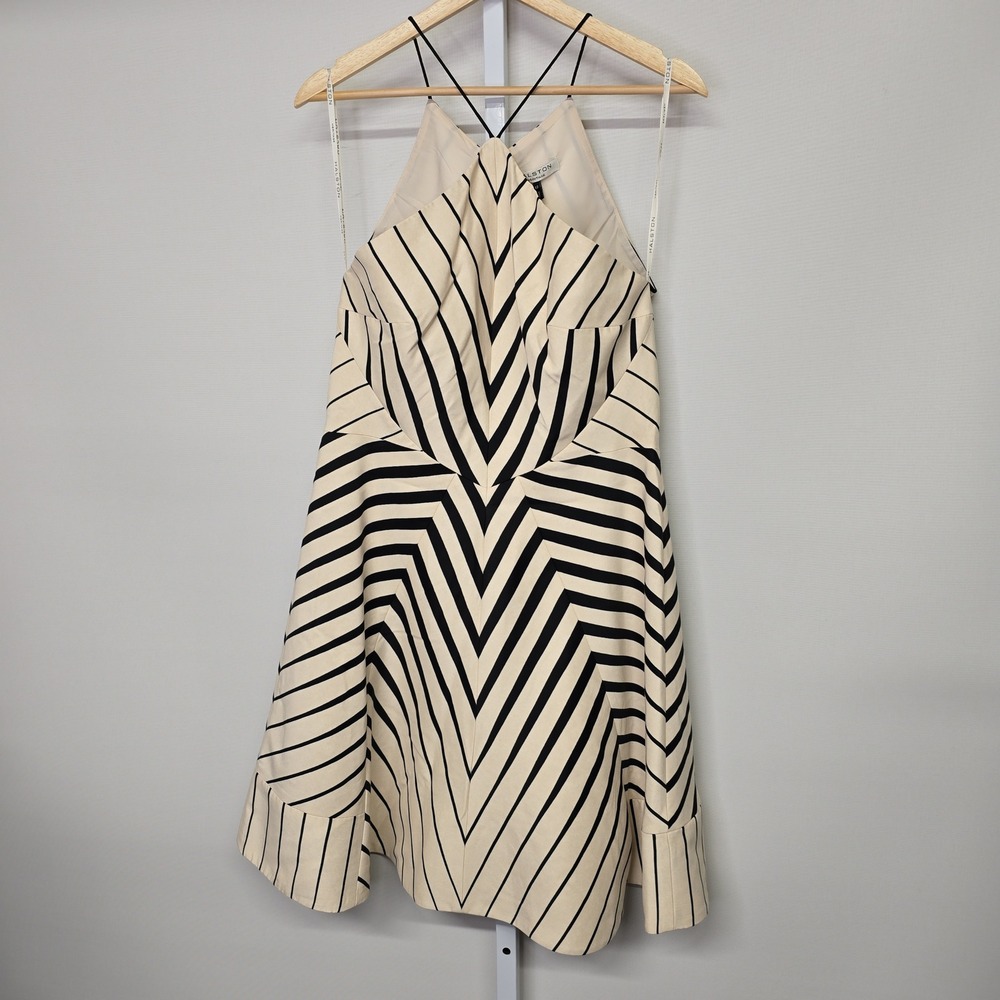 NWT HALSTON HERITAGE Beige Black Geometric Halter Midi Dress Size 12 - Picture 2 of 9
